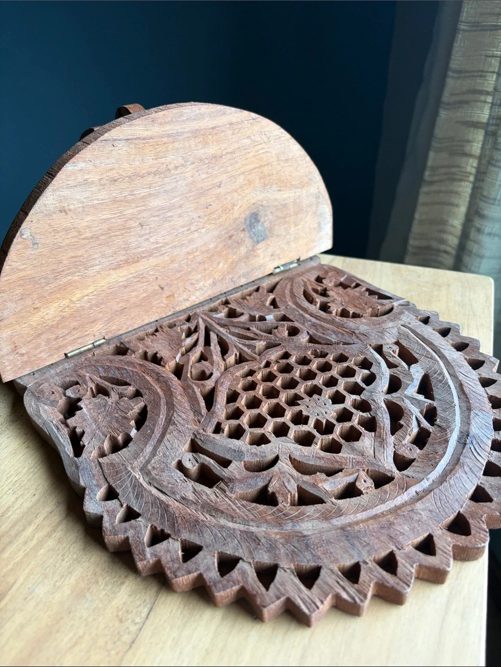 Hand-Carved Brown Wooden Wall Shelf